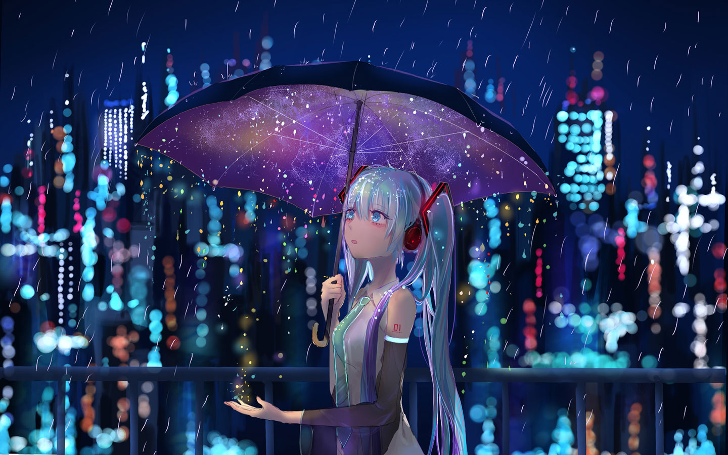 初音未来miku大屏高清1440x900桌面壁纸-初音未来下雨天手持雨伞深色