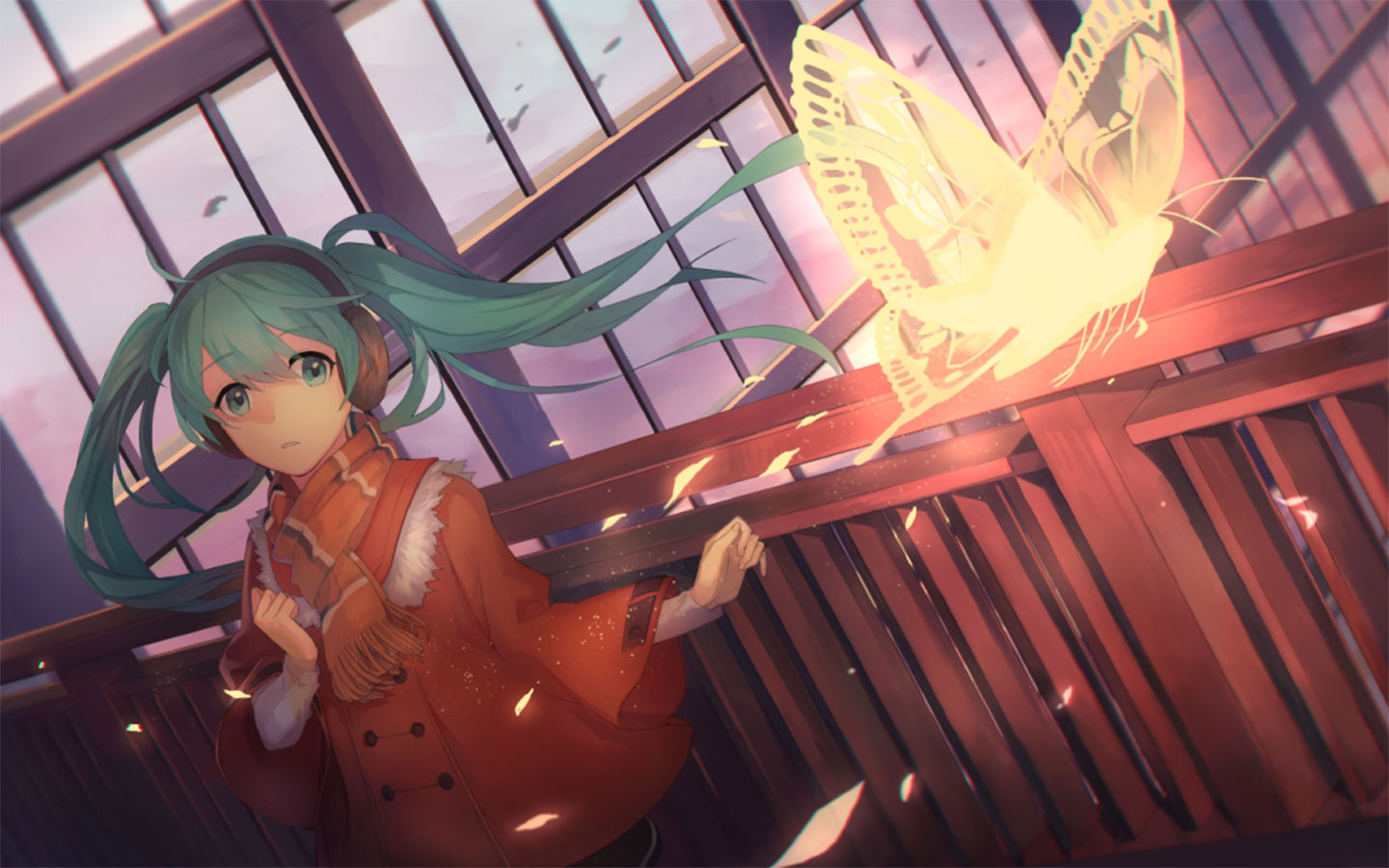 初音未来miku大屏高清1440x900桌面壁纸-初音未来冬季服装发光蝴蝶壁纸