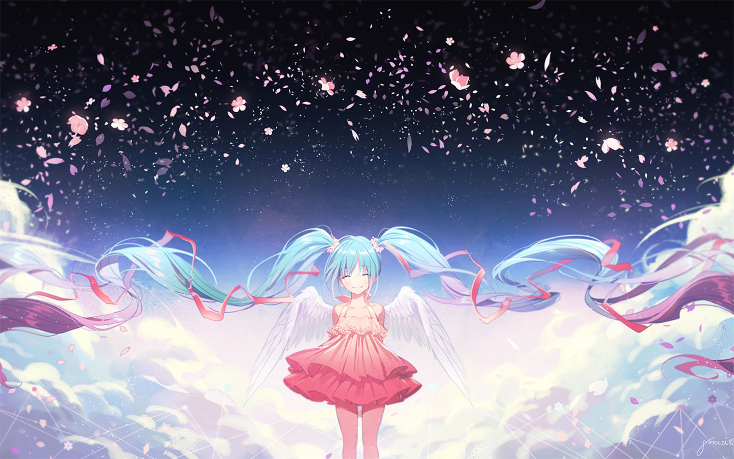 初音未来miku大屏高清1440x900桌面壁纸-初音未来星空背景樱花云端