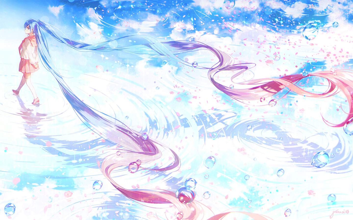 未来miku大屏高清1440x900桌面壁纸-初音未来樱花水面超长发初音壁纸