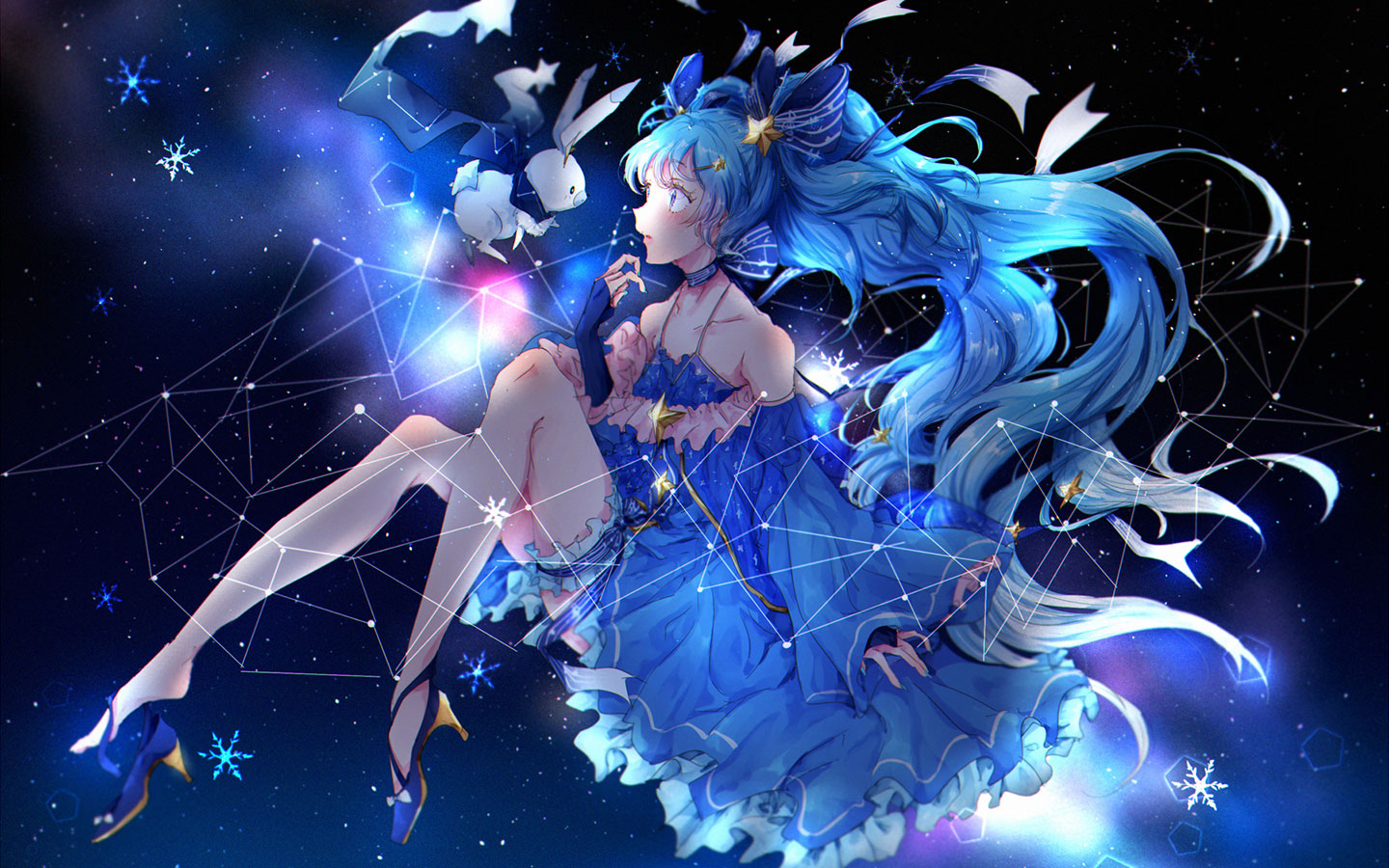 初音未来miku大屏高清1440x900桌面壁纸初音未来星空背景雪之初音雪