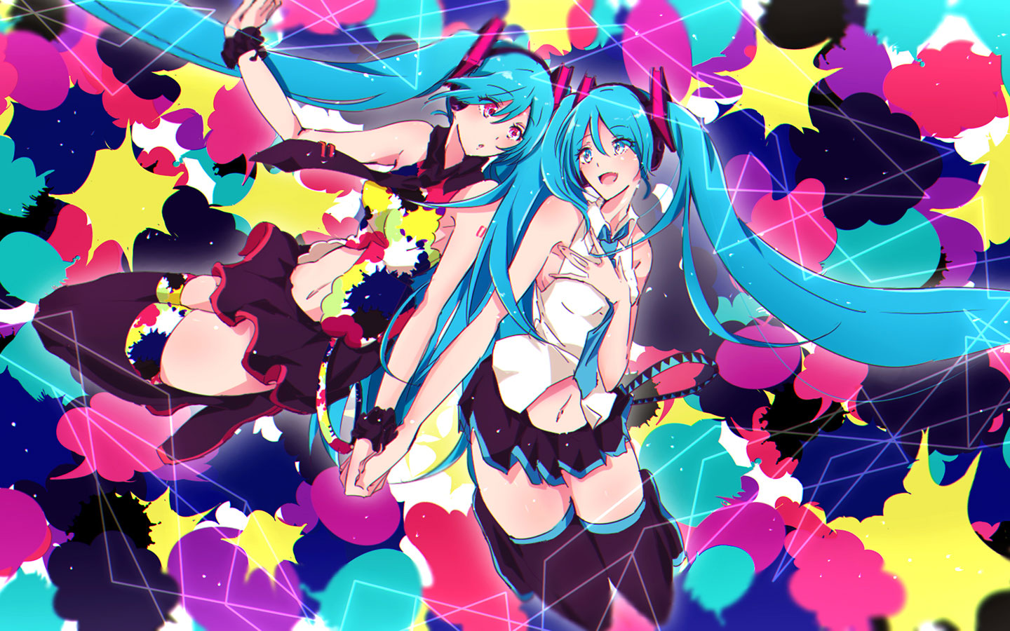 初音未来miku大屏高清1440x900桌面壁纸-初音未来彩色背景双子初音壁纸